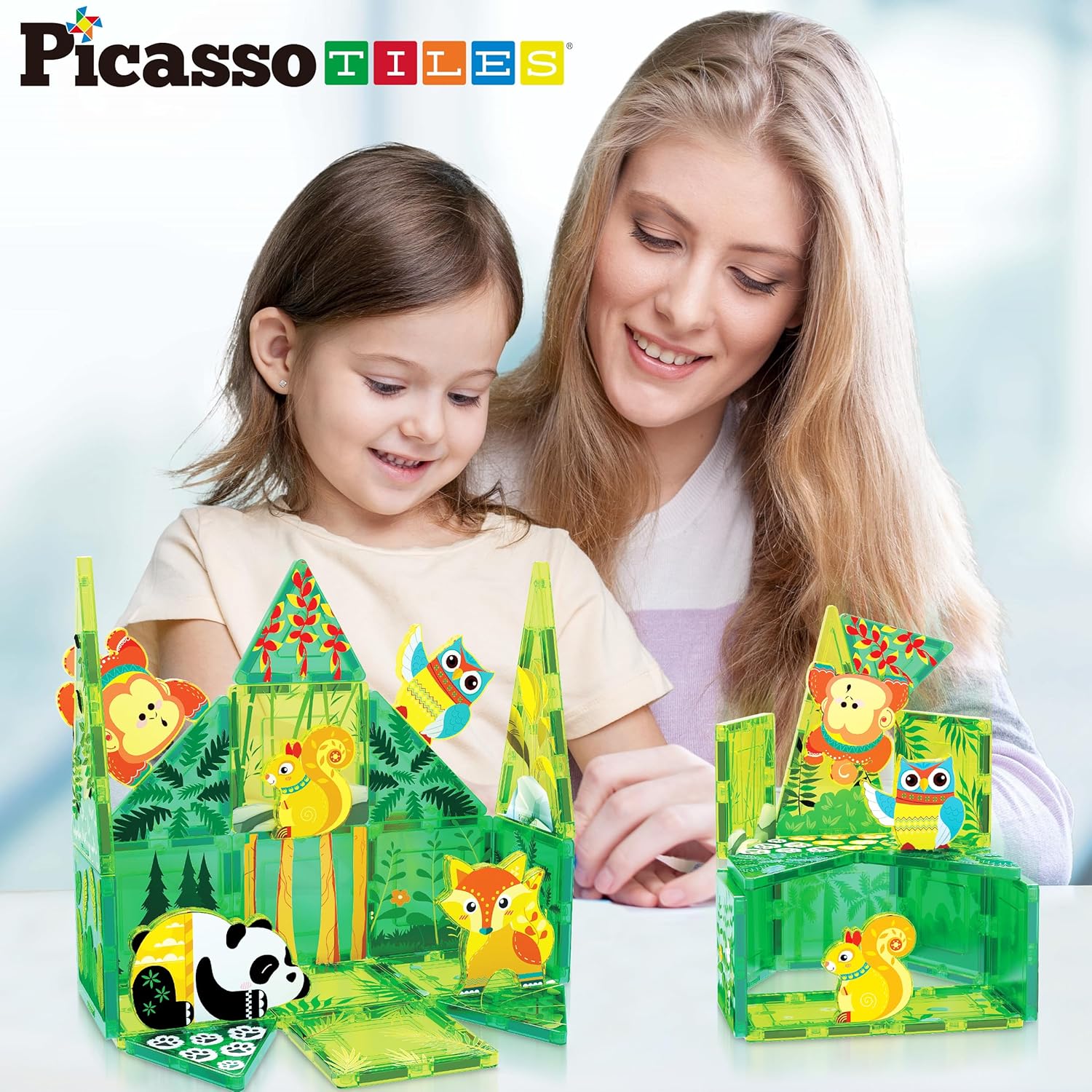 imagePicassoTiles Magnet Tile Building Blocks Forest Animal Themed Playset with 8 Character Action Figures Educational STEM Learning Construction Kit Pretend Play Magnetic Tiles Toddler Kids Ages 3 PTQ26Forest Animal Themed