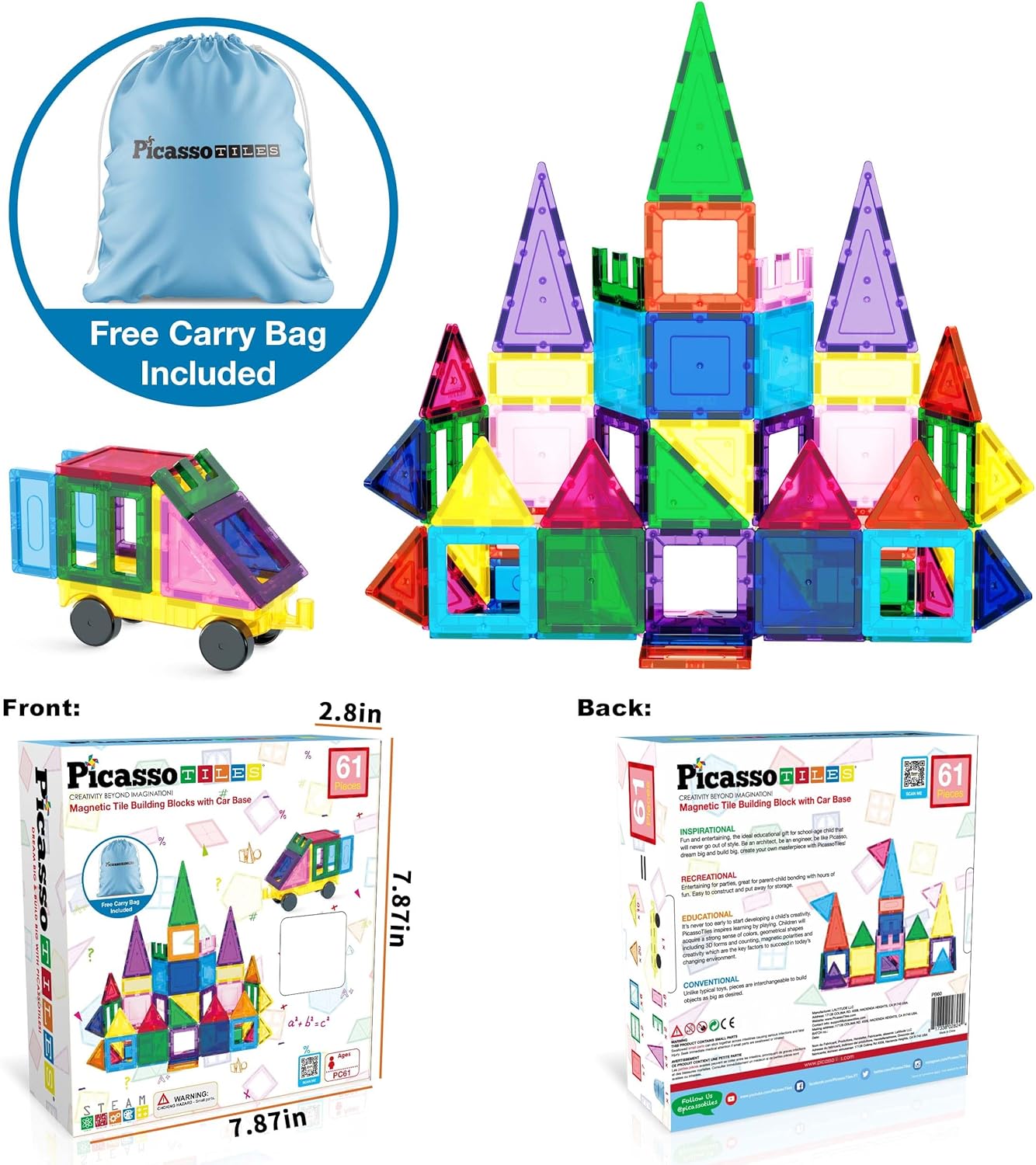 imagePicassoTiles Magnet Tile Building Blocks with Car Base Drawstring Storage Travel Bag Carry Case Magnetic Tiles Construction Toy STEM Learning Educational Kit Sensory Playset Preschool Kids 3 PC61Travel Bag Carry Case