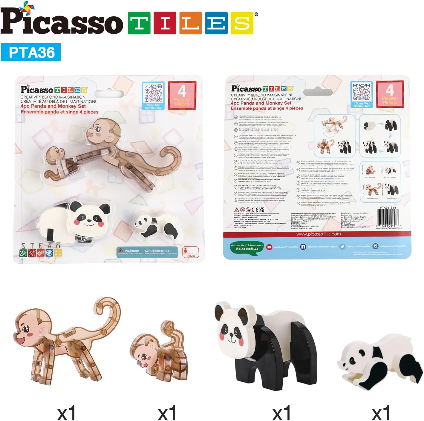 imagePicassoTiles Magnetic Build a Panda ampamp Monkey Set Magnet Tile Blocks Addon Expansion Pack with Panda Cub Monkey ampamp Baby Monkey Preschool Learning Educational Toddler Sensory Pretend Play Toy Ages 3