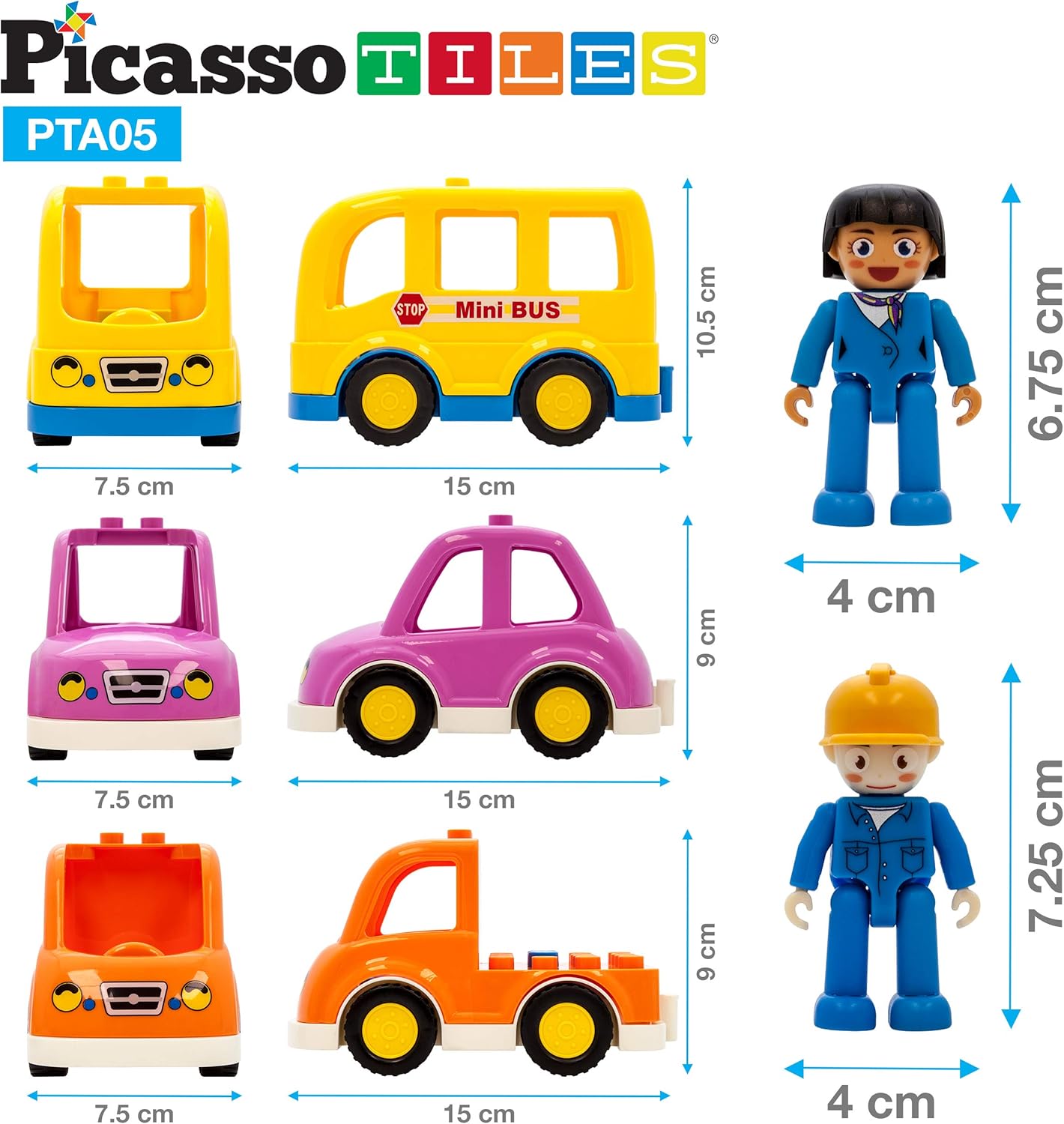 imagePicassoTiles Magnetic Figures 5 Piece Vehicle and Action Figure Set Including School Bus Car Truck and 2 Drivers Magnet Expansion Pack Toddler Toy Kit Pretend Playset for Construction Building BlockVehicle