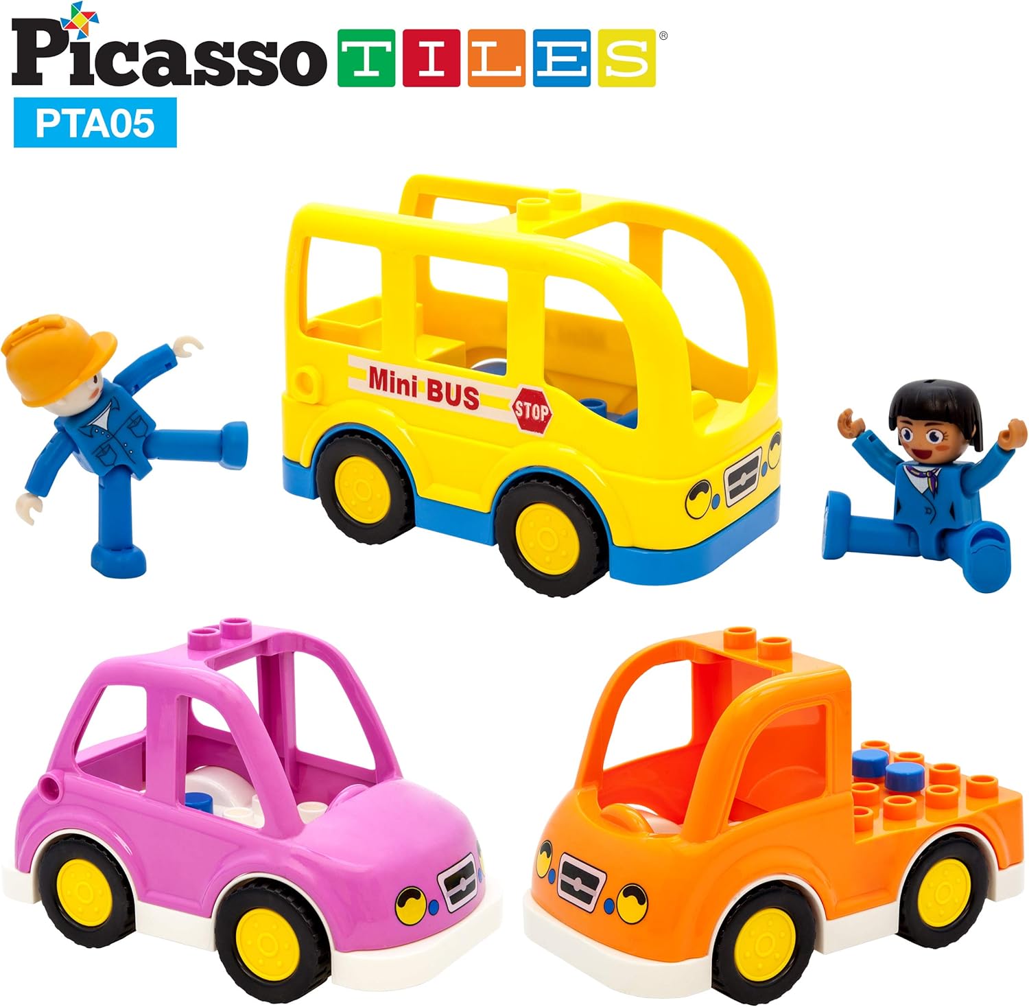imagePicassoTiles Magnetic Figures 5 Piece Vehicle and Action Figure Set Including School Bus Car Truck and 2 Drivers Magnet Expansion Pack Toddler Toy Kit Pretend Playset for Construction Building BlockVehicle