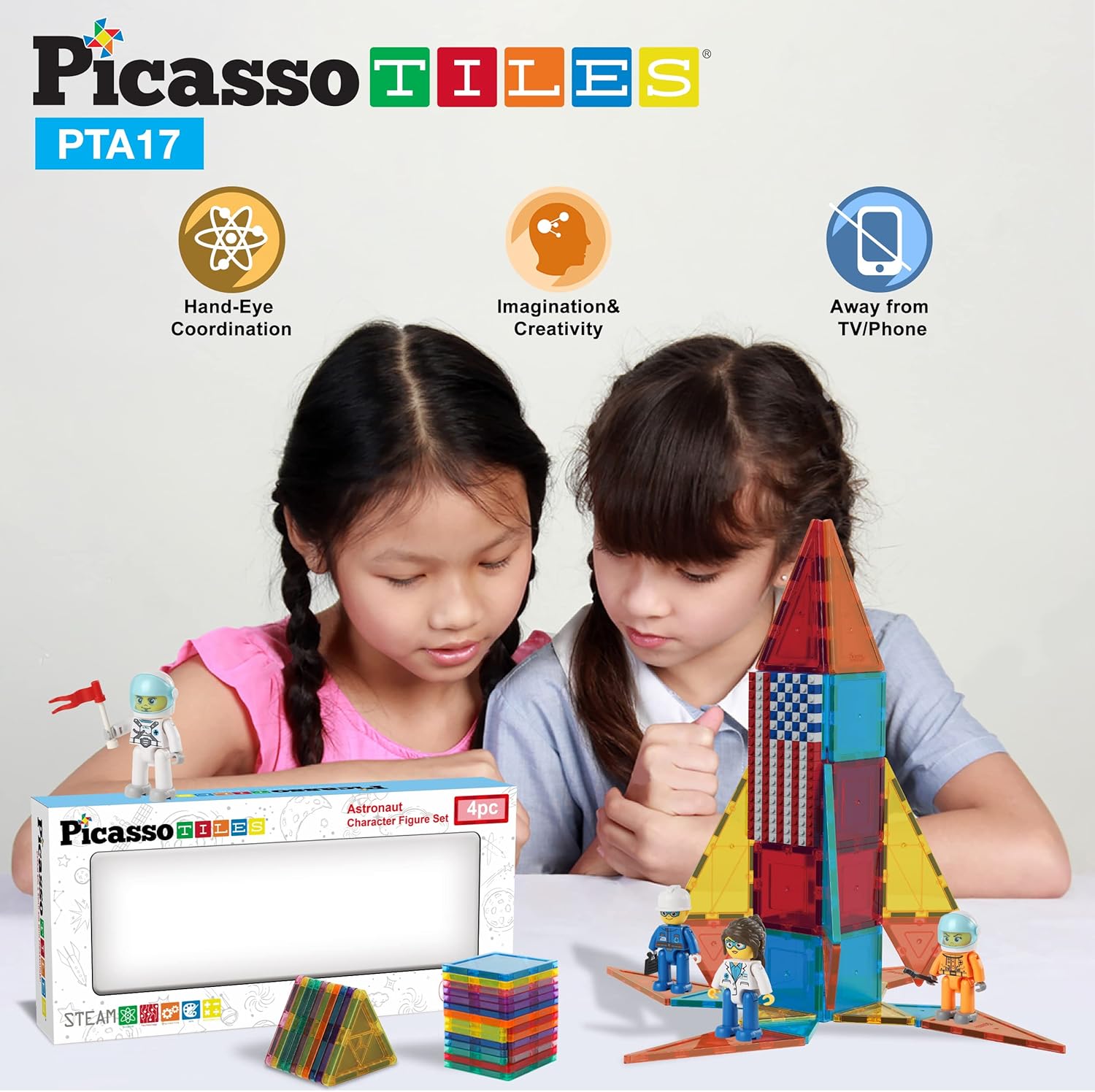 imagePicassoTiles Magnetic Figures 5 Piece Vehicle and Action Figure Set Including School Bus Car Truck and 2 Drivers Magnet Expansion Pack Toddler Toy Kit Pretend Playset for Construction Building BlockAstronaut