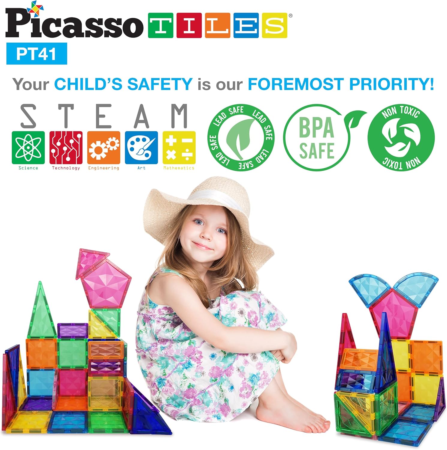 imagePicassoTiles Magnetic Tiles Building Block Construction Toy Set Prism Magnet Tile Blocks STEM STEAM Learning Kit Early Education Builder Playset Toys for Children Toddler Boy Girl Age 3 PT41