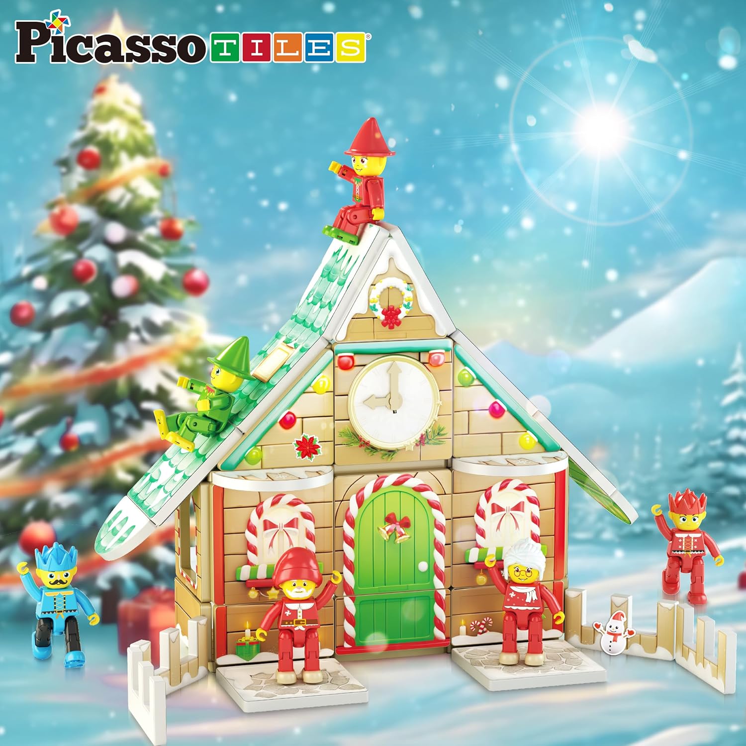 imagePicassoTiles Magnetic Tiles Christmas Cottage Holiday with 6 Character Action Figures Santa Mrs Clause Elves Nutcracker Theme Construction Set Magnet Building Blocks STEM Learning Gifts Toys PTQ08