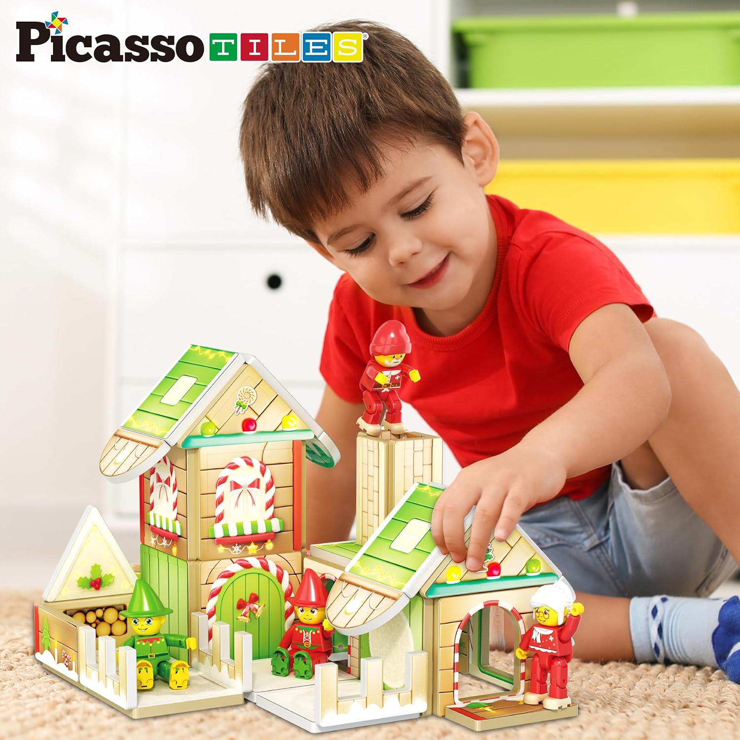 imagePicassoTiles Magnetic Tiles Christmas Cottage Holiday with 6 Character Action Figures Santa Mrs Clause Elves Nutcracker Theme Construction Set Magnet Building Blocks STEM Learning Gifts Toys PTQ08
