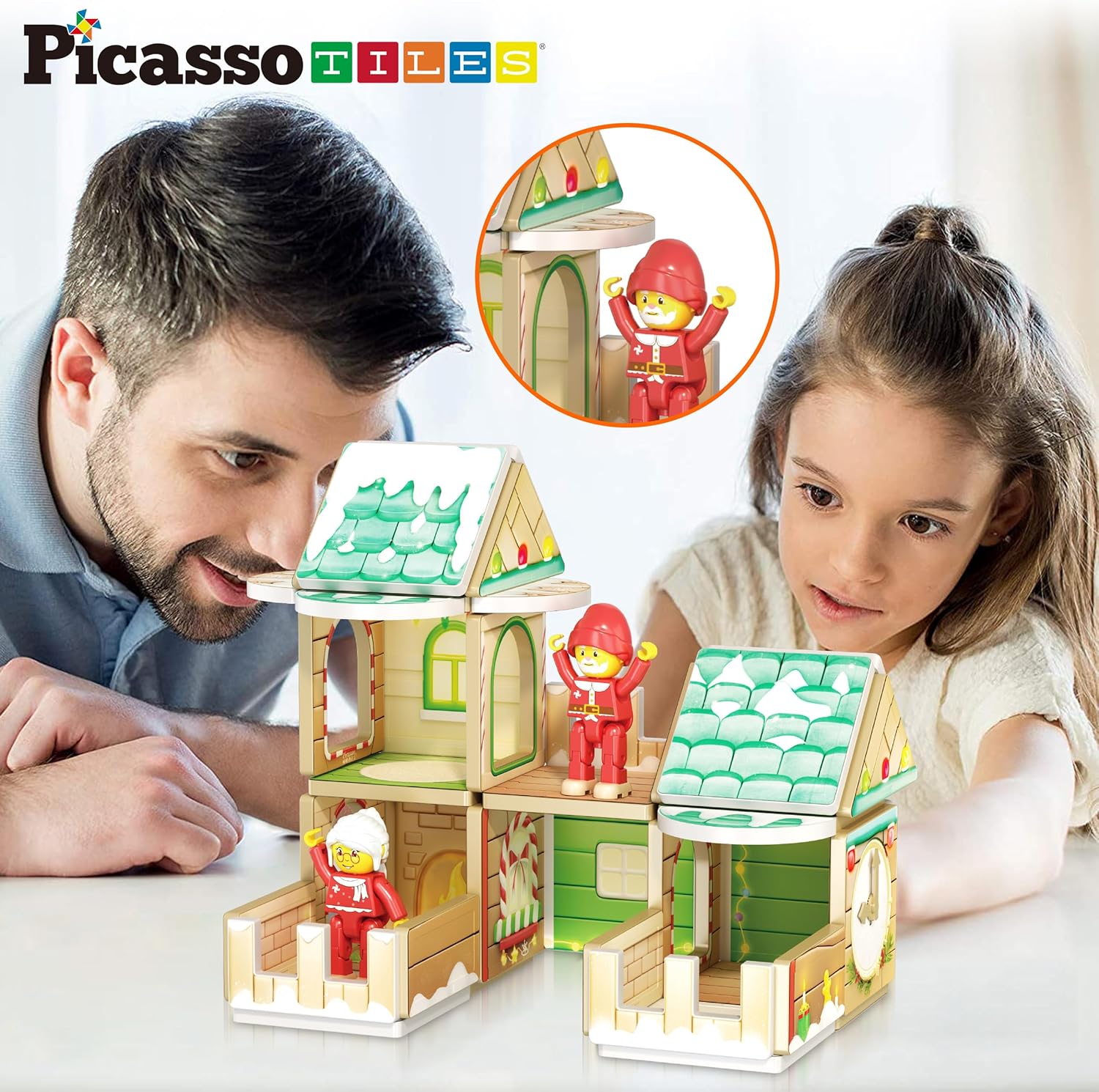 imagePicassoTiles Magnetic Tiles Christmas Cottage Holiday with 6 Character Action Figures Santa Mrs Clause Elves Nutcracker Theme Construction Set Magnet Building Blocks STEM Learning Gifts Toys PTQ08
