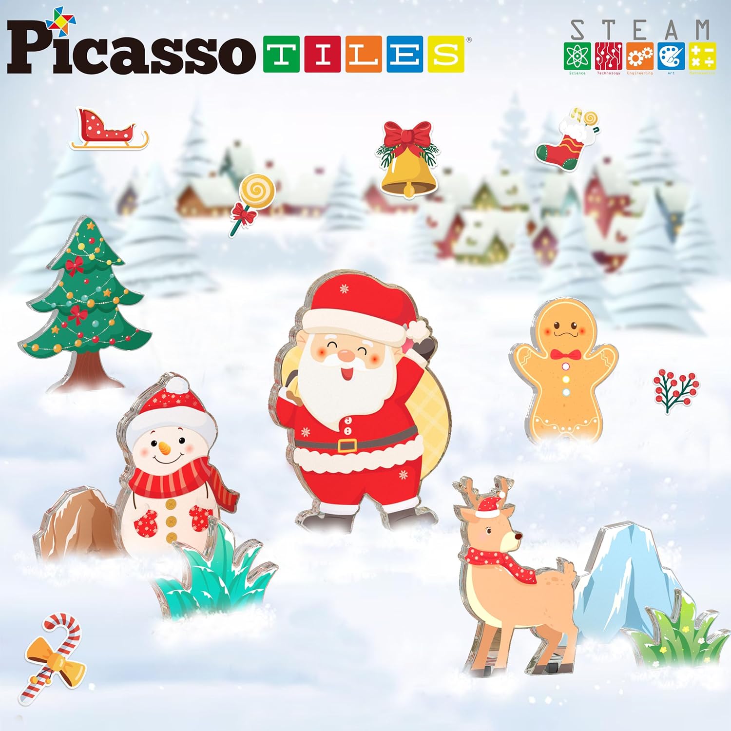 imagePicassoTiles Magnetic Tiles Christmas Gingerbread House Character Action Figure Santa Snowman Gingerbread Man Theme Construction Kit Magnet Building Blocks STEM Learning Gifts Toys PTQ09