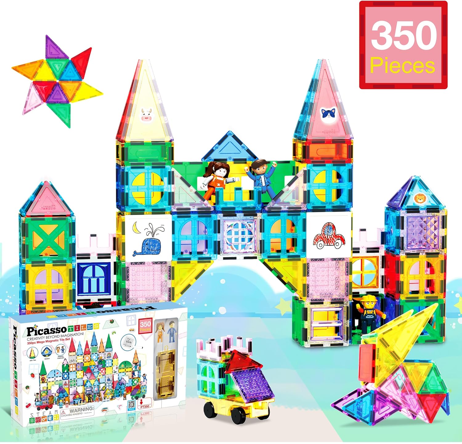imagePicassoTiles Mega Magnetic Building Block 350 Piece Set Magnet Tile Construction Blocks with Car Base Character Figures Markers Whiteboard 110 Page Ideabook Included for Ages 3 Up STEM Learning