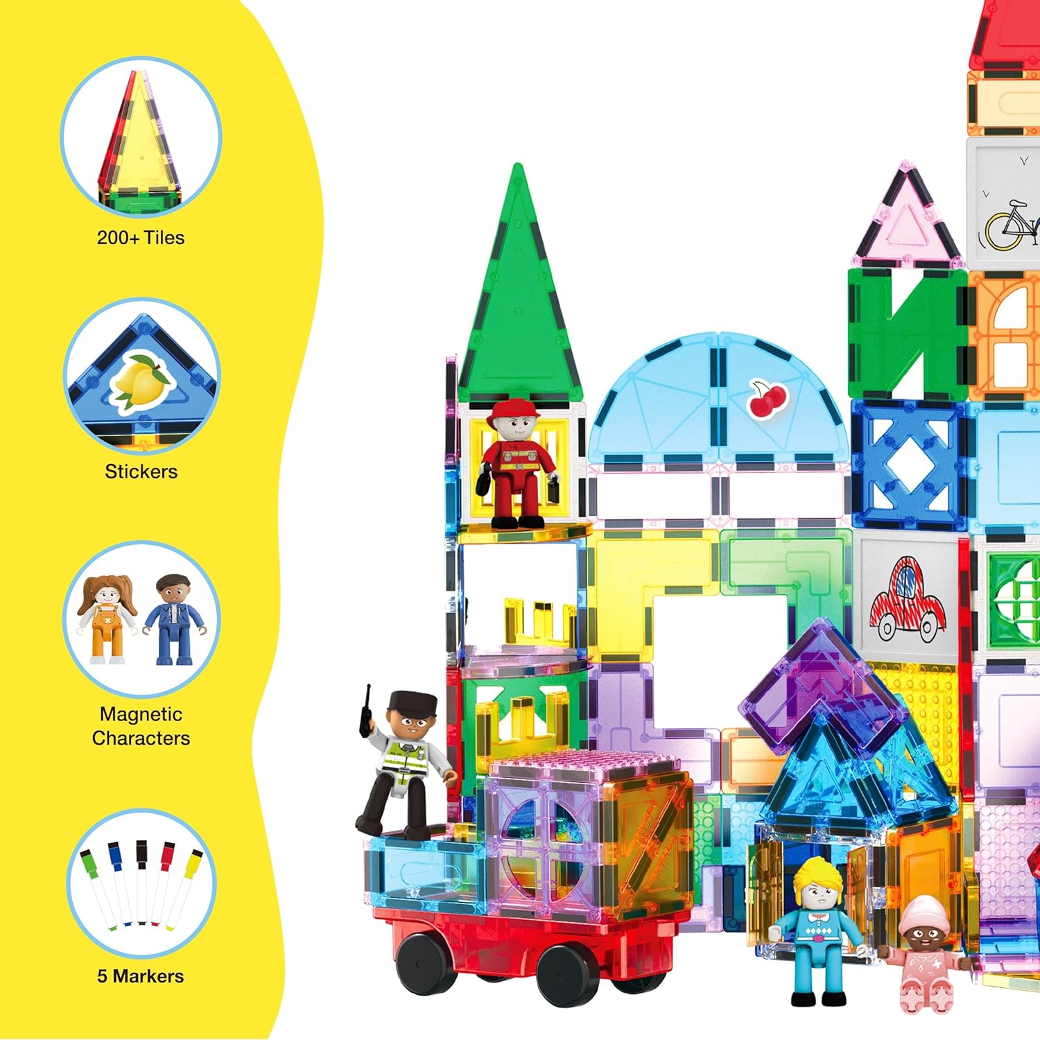 imagePicassoTiles Mega Magnetic Building Block 350 Piece Set Magnet Tile Construction Blocks with Car Base Character Figures Markers Whiteboard 110 Page Ideabook Included for Ages 3 Up STEM Learning