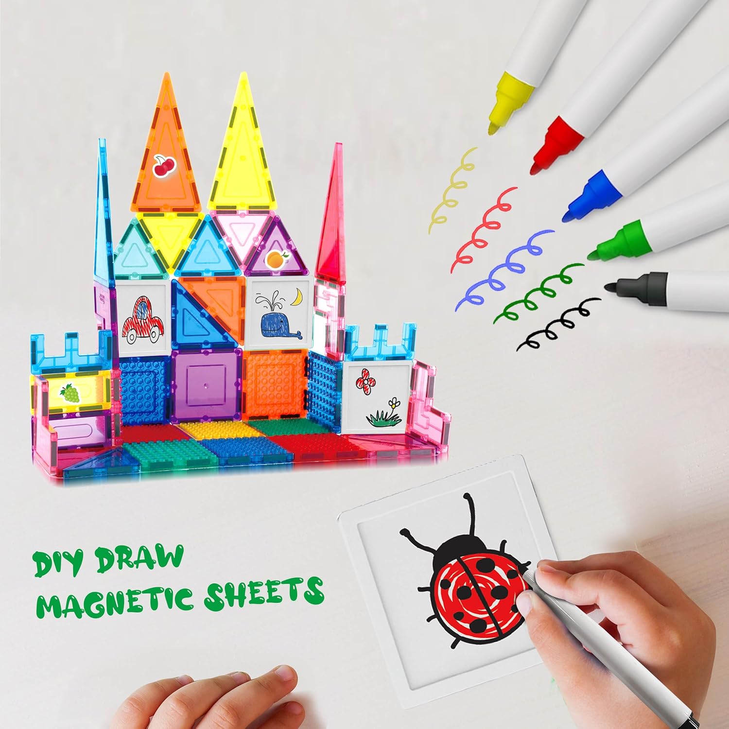 imagePicassoTiles Mega Magnetic Building Block 350 Piece Set Magnet Tile Construction Blocks with Car Base Character Figures Markers Whiteboard 110 Page Ideabook Included for Ages 3 Up STEM Learning