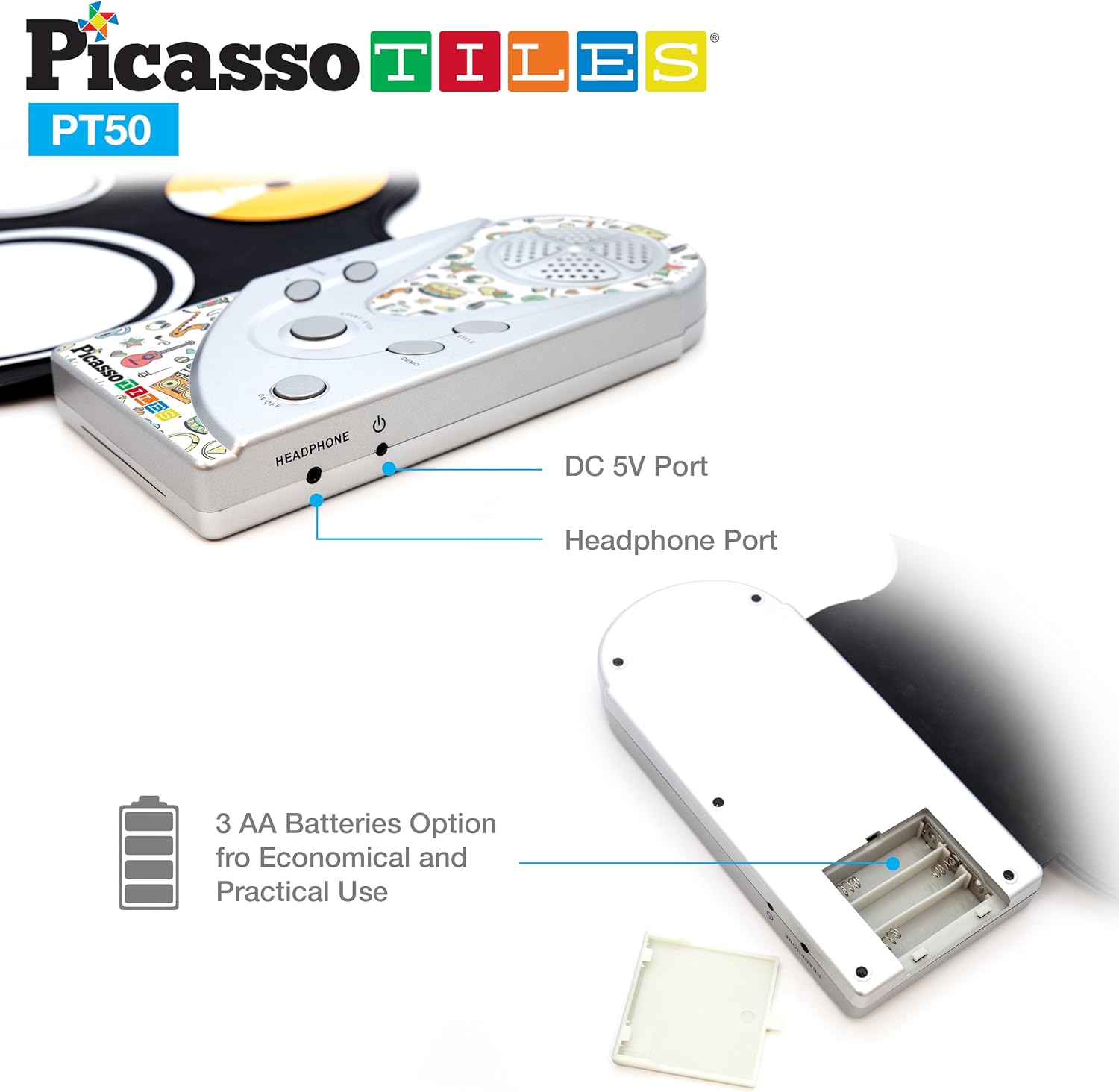 imagePicassoTiles PT49 Kids 49Key Flexible RollUp Educational Electronic Digital Music Piano Keyboard wRecording Feature 8 Different Tones 6 Educational Demo Songs ampamp Buildin Speaker  RainbowPT50BLUWHT