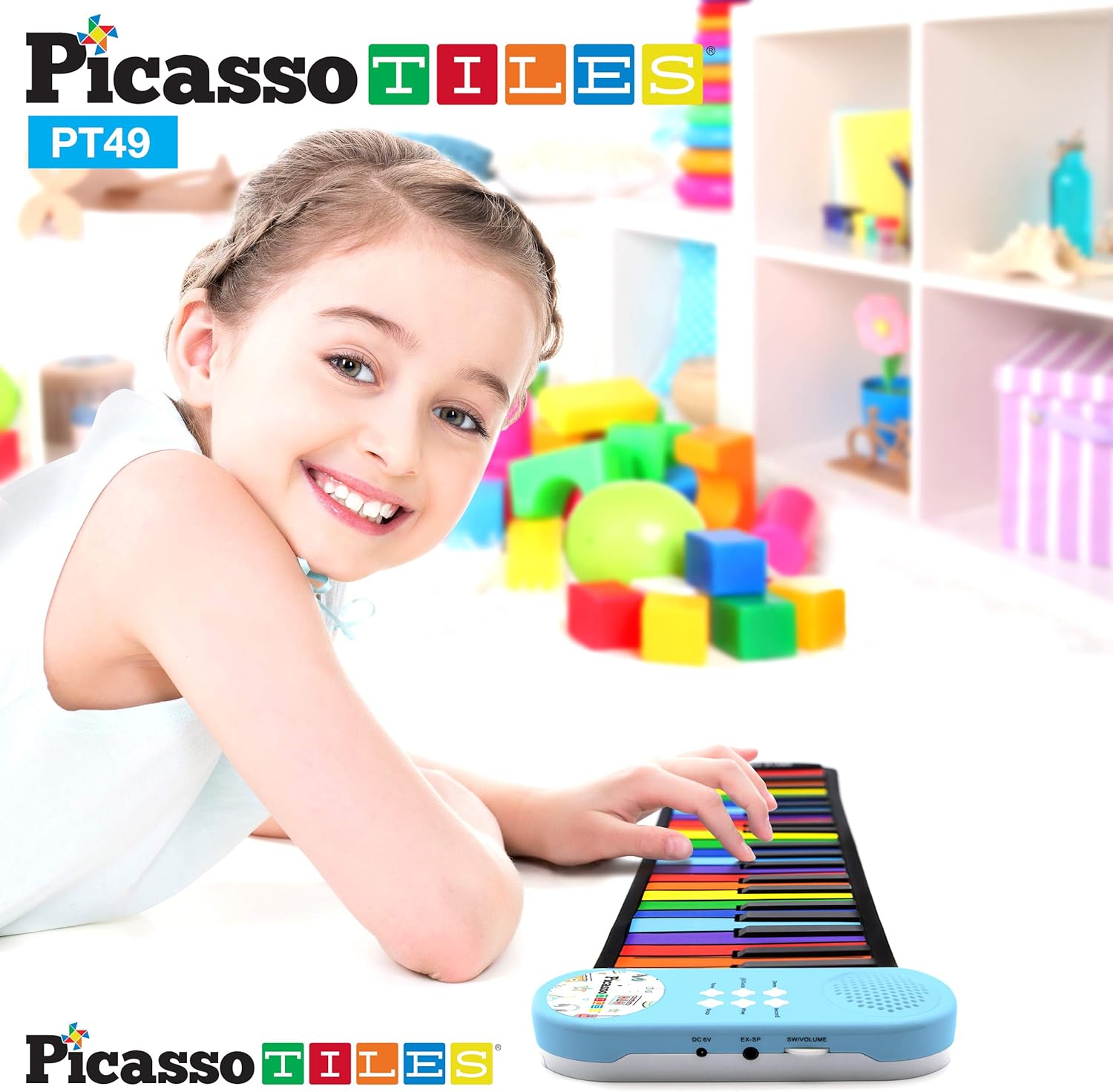 imagePicassoTiles PT49 Kids 49Key Flexible RollUp Educational Electronic Digital Music Piano Keyboard wRecording Feature 8 Different Tones 6 Educational Demo Songs ampamp Buildin Speaker  Rainbow49KeyColor