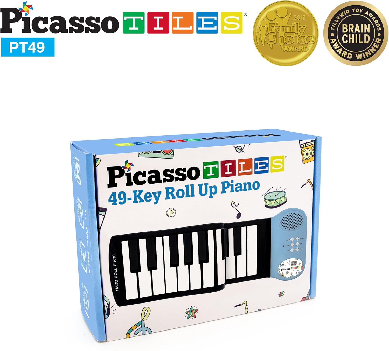 imagePicassoTiles PT49 Portable Kids 49Key Flexible Roll Up Educational Electronic Digital Music Piano Keyboard w Recording Feature 8 Different Tones 6 Educational Demo Songs ampamp Buildin Speaker  Blue