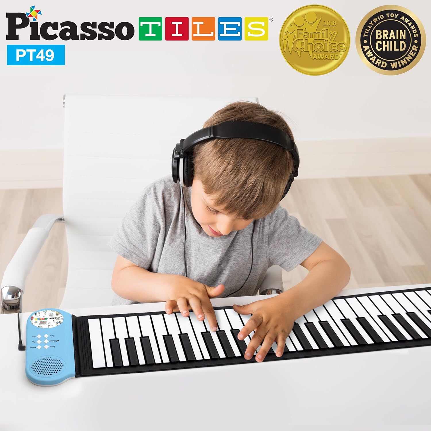 imagePicassoTiles PT49 Portable Kids 49Key Flexible Roll Up Educational Electronic Digital Music Piano Keyboard w Recording Feature 8 Different Tones 6 Educational Demo Songs ampamp Buildin Speaker  Blue