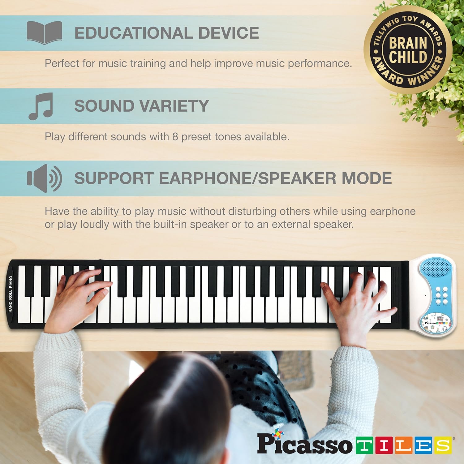 imagePicassoTiles PT49 Portable Kids 49Key Flexible Roll Up Educational Electronic Digital Music Piano Keyboard w Recording Feature 8 Different Tones 6 Educational Demo Songs ampamp Buildin Speaker  Blue