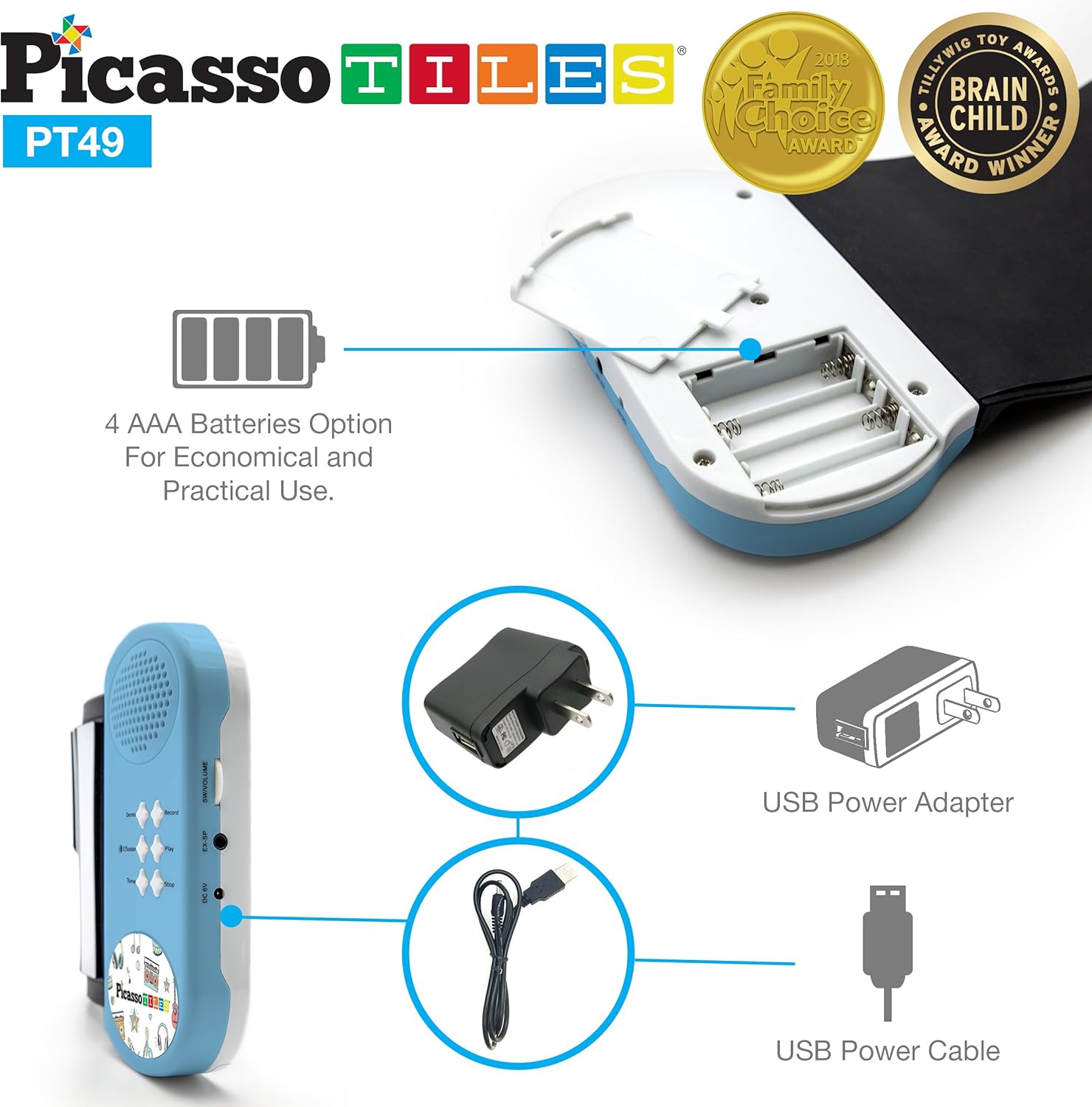 imagePicassoTiles PT49 Portable Kids 49Key Flexible Roll Up Educational Electronic Digital Music Piano Keyboard w Recording Feature 8 Different Tones 6 Educational Demo Songs ampamp Buildin Speaker  Blue