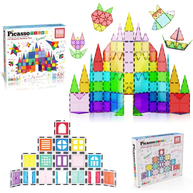 imagePicassoTiles 100PC Magnet Tiles  40PC Clipin Windows ampamp Doors Building Bundle STEAM Educational Playset for Creative Fun and Learning Construction Play Engineering Project Toy Gift Idea for Kids