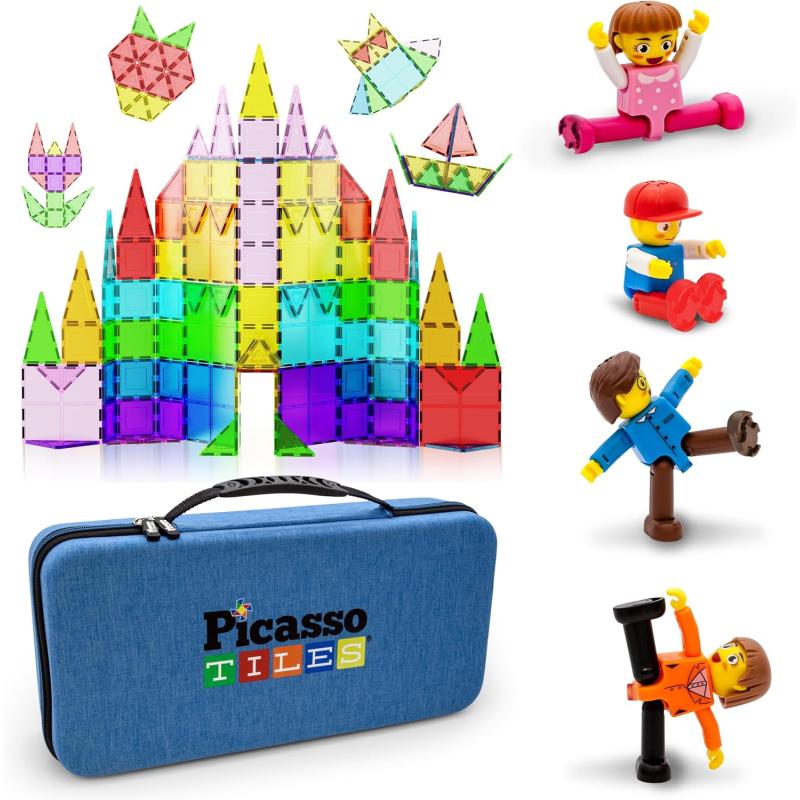 imagePicassoTiles 100PC Magnet Tiles  Carry Case  4 Family People Action Figures Expansion Bundle STEAM Educational Playset for Creative Fun and Learning Construction Play Pretend Play Toy for Kids