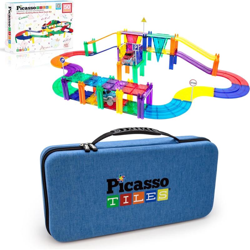 imagePicassoTiles 50PC Magnetic Race Car Track  Carry Case Bundle STEAM Educational Playset for Kids Includes Travel Storage Organizer  Learning Construction Toy Creative Design Sensory Development