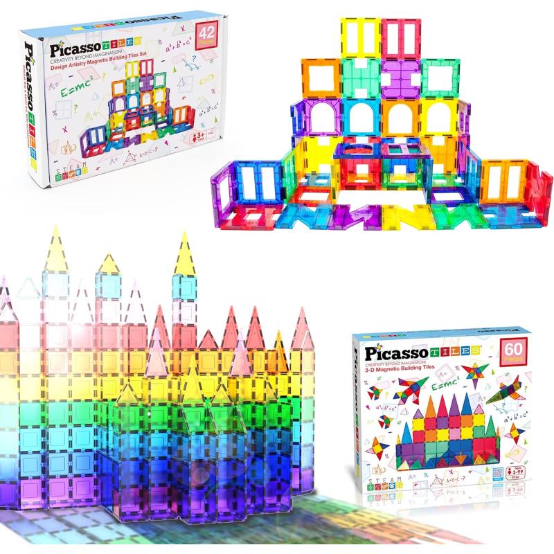 imagePicassoTiles 60PC Magnet Tiles  42PC Clipin Windows ampamp Doors Building Bundle STEAM Educational Playset for Creative Fun and Learning Construction Play Design Art Project Toy Gift Idea for Kids