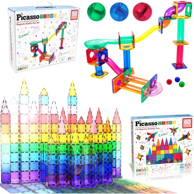 imagePicassoTiles 60PC Magnet Tiles  50PC Marble Run Race Track Fun ampamp Creative Playset Bundle STEAM Learning ampamp Educational Sensory Toy for Preschool ampamp Kindergarten Kids Ages 3 A Classroom Must Have