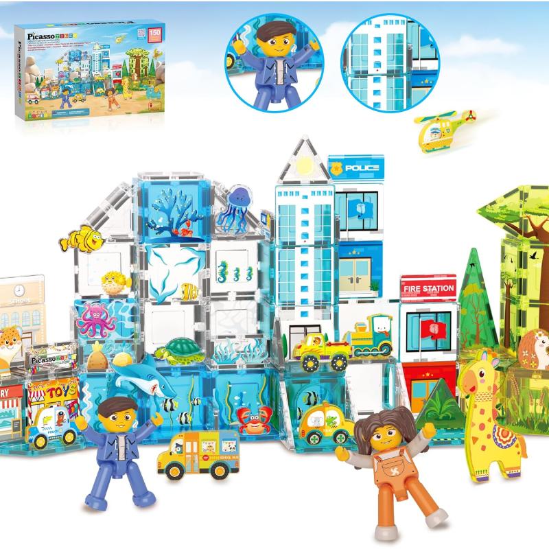 imagePicassoTiles 700 piece Marble Run Magnetic Tiles and Brick Combo Magnet Tile Building Blocks Construction Toddlers Toys Set with Storage Bin ampamp Ideabook Character Action Figures STEM Kids Ages 3 PB700150pc 3in1