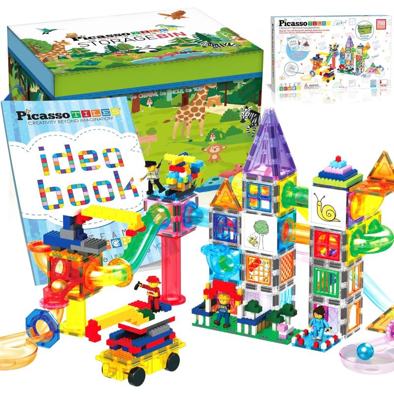 imagePicassoTiles 700 piece Marble Run Magnetic Tiles and Brick Combo Magnet Tile Building Blocks Construction Toddlers Toys Set with Storage Bin ampamp Ideabook Character Action Figures STEM Kids Ages 3 PB700700pc combo