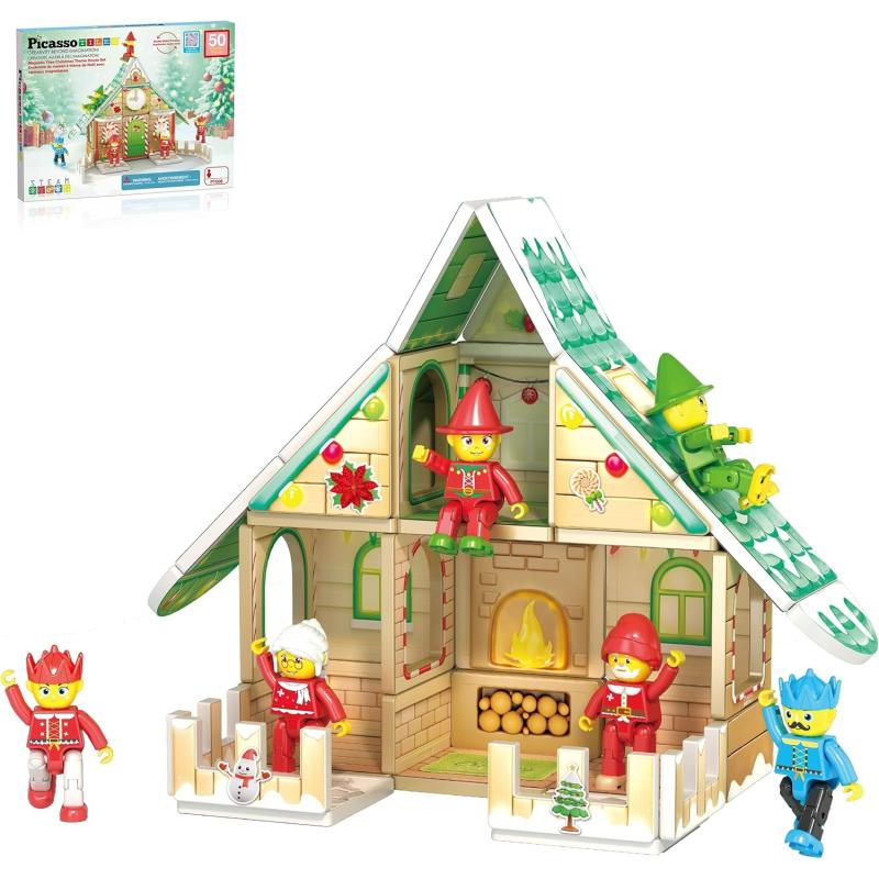 imagePicassoTiles Magnetic Tiles Christmas Cottage Holiday with 6 Character Action Figures Santa Mrs Clause Elves Nutcracker Theme Construction Set Magnet Building Blocks STEM Learning Gifts Toys PTQ08