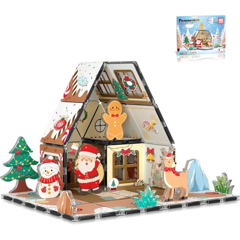 imagePicassoTiles Magnetic Tiles Christmas Gingerbread House Character Action Figure Santa Snowman Gingerbread Man Theme Construction Kit Magnet Building Blocks STEM Learning Gifts Toys PTQ09