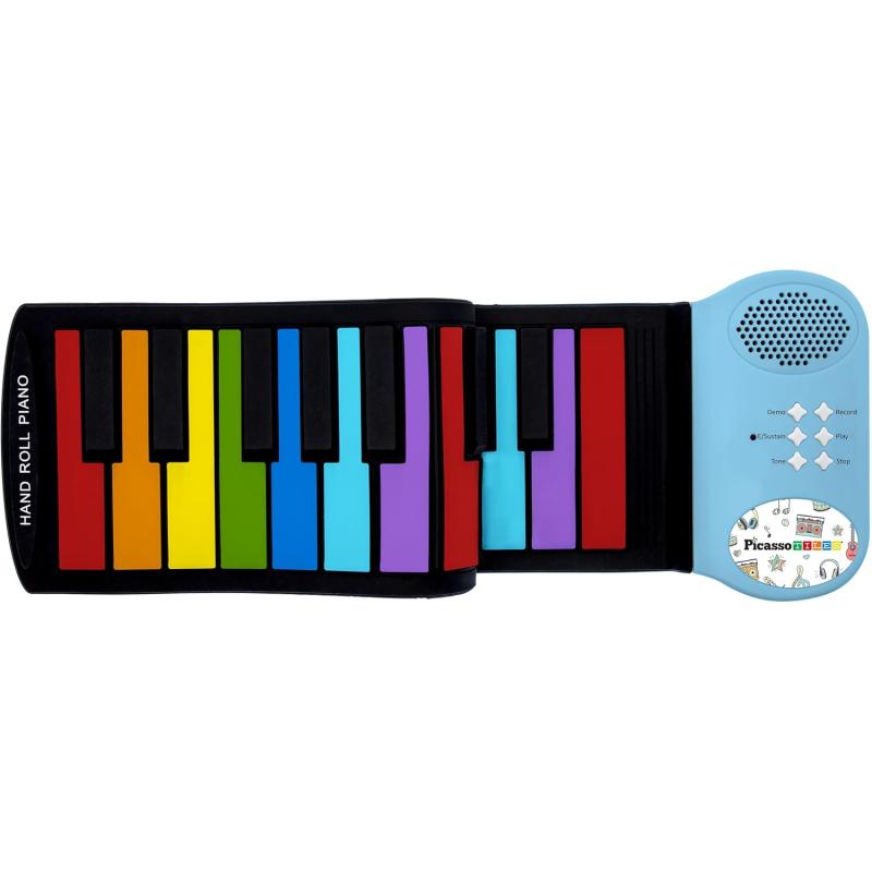 imagePicassoTiles PT49 Kids 49Key Flexible RollUp Educational Electronic Digital Music Piano Keyboard wRecording Feature 8 Different Tones 6 Educational Demo Songs ampamp Buildin Speaker  Rainbow49KeyColor
