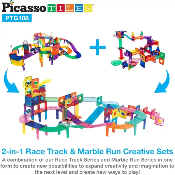 imagePicassoTiles 108PC Marble Run Magnetic Race Track  60PC Magnet Tiles STEAM Educational Playset for Creative Fun and Learning Construction Play Engineering Project Toy Gift Idea for Kids Ages 3