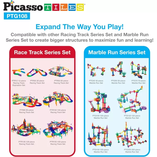 imagePicassoTiles 108PC Marble Run Magnetic Race Track  60PC Magnet Tiles STEAM Educational Playset for Creative Fun and Learning Construction Play Engineering Project Toy Gift Idea for Kids Ages 3