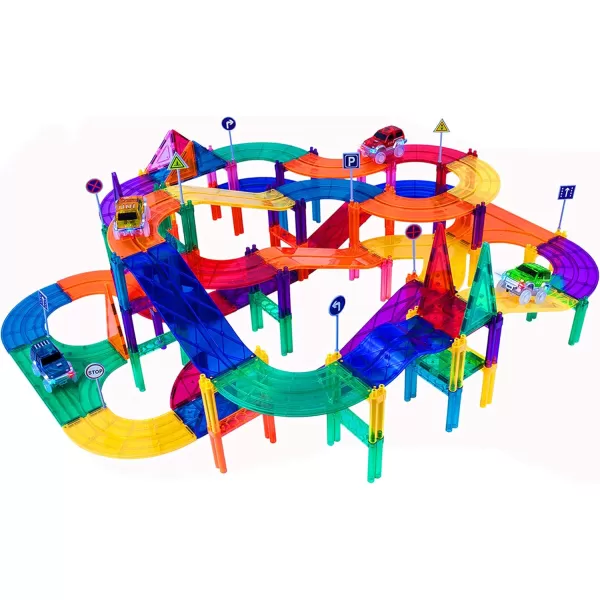 imagePicassoTiles 150PC Magnetic Race Car Track  3 LED Light Up Truck Cars  6PC Expansion Ramp Tiles Mega Bundle STEAM Learning Enhance Construction Skills HandEye Coordination and Fine Motor Skills