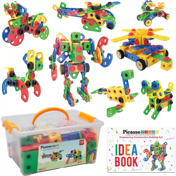 imagePicassoTiles 152 Piece Building Engineering Kit 103 Piece Magnetic Puzzle Cube STEM Learning Toys Block Set wIdea Book Design Guide Storage Carry Box Power Drill Ratchet Mix ampamp Match Cubes