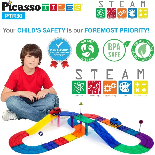 imagePicassoTiles 30PC Magnetic Race Car Track  2PC LED Light Up Truck Cars Fun ampamp Creative Playset STEAM Learning Enhance Construction Skills HandEye Coordination and Fine Motor Skills Toy Gift Idea