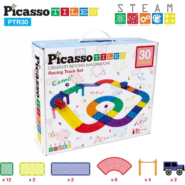imagePicassoTiles 30PC Magnetic Race Car Track  2PC LED Light Up Truck Cars Fun ampamp Creative Playset STEAM Learning Enhance Construction Skills HandEye Coordination and Fine Motor Skills Toy Gift Idea