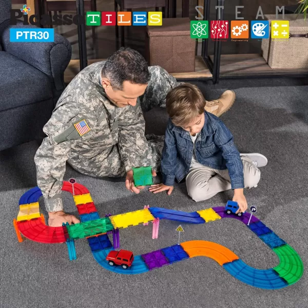 imagePicassoTiles 30PC Magnetic Race Car Track  2PC LED Light Up Truck Cars Fun ampamp Creative Playset STEAM Learning Enhance Construction Skills HandEye Coordination and Fine Motor Skills Toy Gift Idea