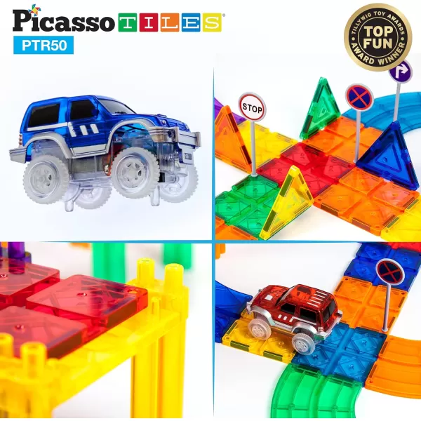 imagePicassoTiles 50PC Magnetic Race Car Track  2PC LED Light Up Truck Cars Fun ampamp Creative Playset STEAM Learning Enhance Construction Skills HandEye Coordination and Fine Motor Skills Toy Gift Idea