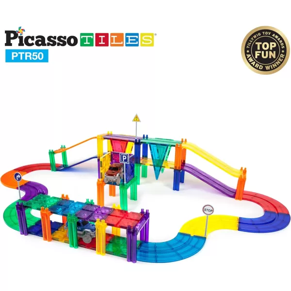 imagePicassoTiles 50PC Magnetic Race Car Track  2PC LED Light Up Truck Cars Fun ampamp Creative Playset STEAM Learning Enhance Construction Skills HandEye Coordination and Fine Motor Skills Toy Gift Idea