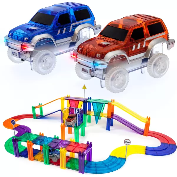 imagePicassoTiles 50PC Magnetic Race Car Track  2PC LED Light Up Truck Cars Fun ampamp Creative Playset STEAM Learning Enhance Construction Skills HandEye Coordination and Fine Motor Skills Toy Gift Idea