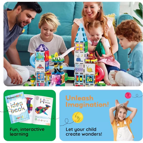 imagePicassoTiles 700 piece Marble Run Magnetic Tiles and Brick Combo Magnet Tile Building Blocks Construction Toddlers Toys Set with Storage Bin ampamp Ideabook Character Action Figures STEM Kids Ages 3 PB700700pc combo