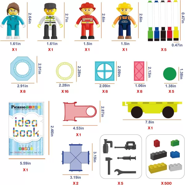 imagePicassoTiles 700 piece Marble Run Magnetic Tiles and Brick Combo Magnet Tile Building Blocks Construction Toddlers Toys Set with Storage Bin ampamp Ideabook Character Action Figures STEM Kids Ages 3 PB700700pc combo