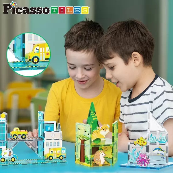 imagePicassoTiles 700 piece Marble Run Magnetic Tiles and Brick Combo Magnet Tile Building Blocks Construction Toddlers Toys Set with Storage Bin ampamp Ideabook Character Action Figures STEM Kids Ages 3 PB700150pc 3in1