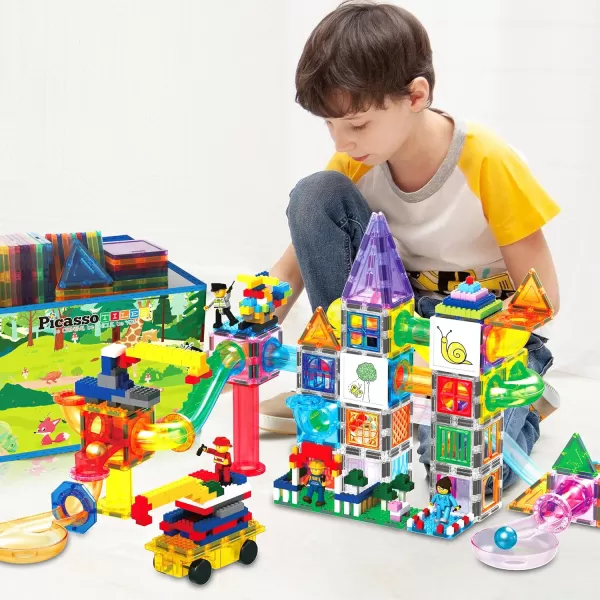 imagePicassoTiles 700 piece Marble Run Magnetic Tiles and Brick Combo Magnet Tile Building Blocks Construction Toddlers Toys Set with Storage Bin ampamp Ideabook Character Action Figures STEM Kids Ages 3 PB700700pc combo