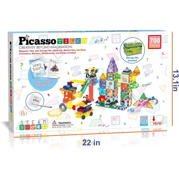 imagePicassoTiles 700 piece Marble Run Magnetic Tiles and Brick Combo Magnet Tile Building Blocks Construction Toddlers Toys Set with Storage Bin ampamp Ideabook Character Action Figures STEM Kids Ages 3 PB700700pc combo