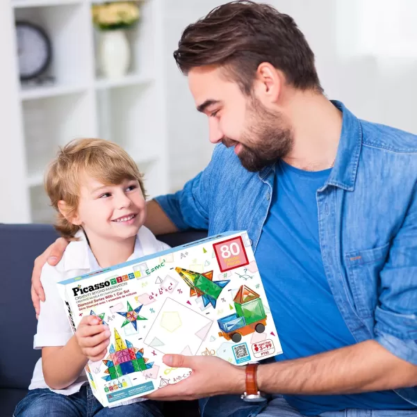 imagePicassoTiles 80PC Magnetic Diamond Tiles with Carry Case STEAM Educational Playset for Kids Includes Travel Storage Organizer  Fun Learning Construction Engineering and Sensory Development