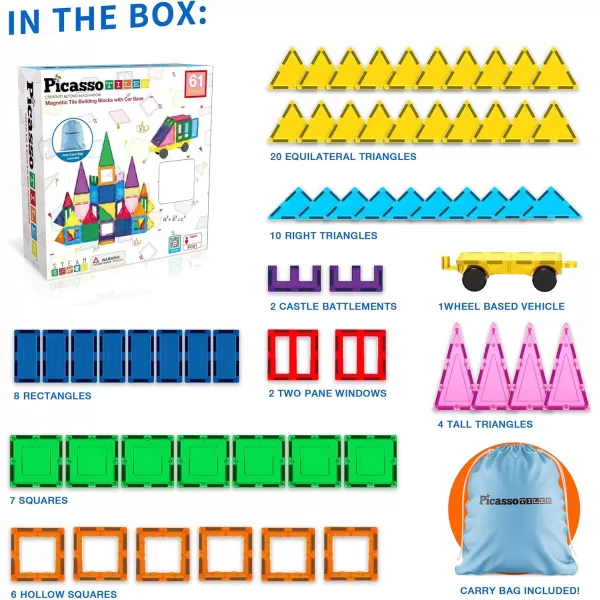 imagePicassoTiles Magnet Tile Building Blocks with Car Base Drawstring Storage Travel Bag Carry Case Magnetic Tiles Construction Toy STEM Learning Educational Kit Sensory Playset Preschool Kids 3 PC61Travel Bag Carry Case