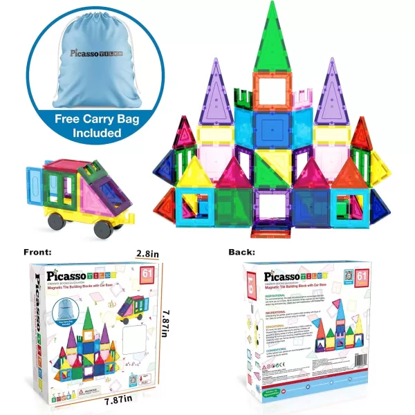 imagePicassoTiles Magnet Tile Building Blocks with Car Base Drawstring Storage Travel Bag Carry Case Magnetic Tiles Construction Toy STEM Learning Educational Kit Sensory Playset Preschool Kids 3 PC61Travel Bag Carry Case
