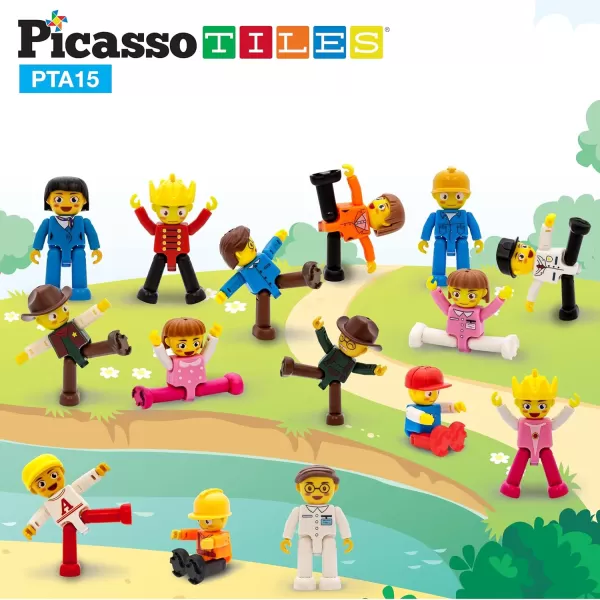 imagePicassoTiles Magnetic Figures 5 Piece Vehicle and Action Figure Set Including School Bus Car Truck and 2 Drivers Magnet Expansion Pack Toddler Toy Kit Pretend Playset for Construction Building Block15 Characters