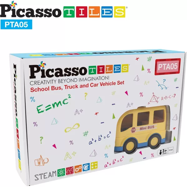 imagePicassoTiles Magnetic Figures 5 Piece Vehicle and Action Figure Set Including School Bus Car Truck and 2 Drivers Magnet Expansion Pack Toddler Toy Kit Pretend Playset for Construction Building BlockVehicle